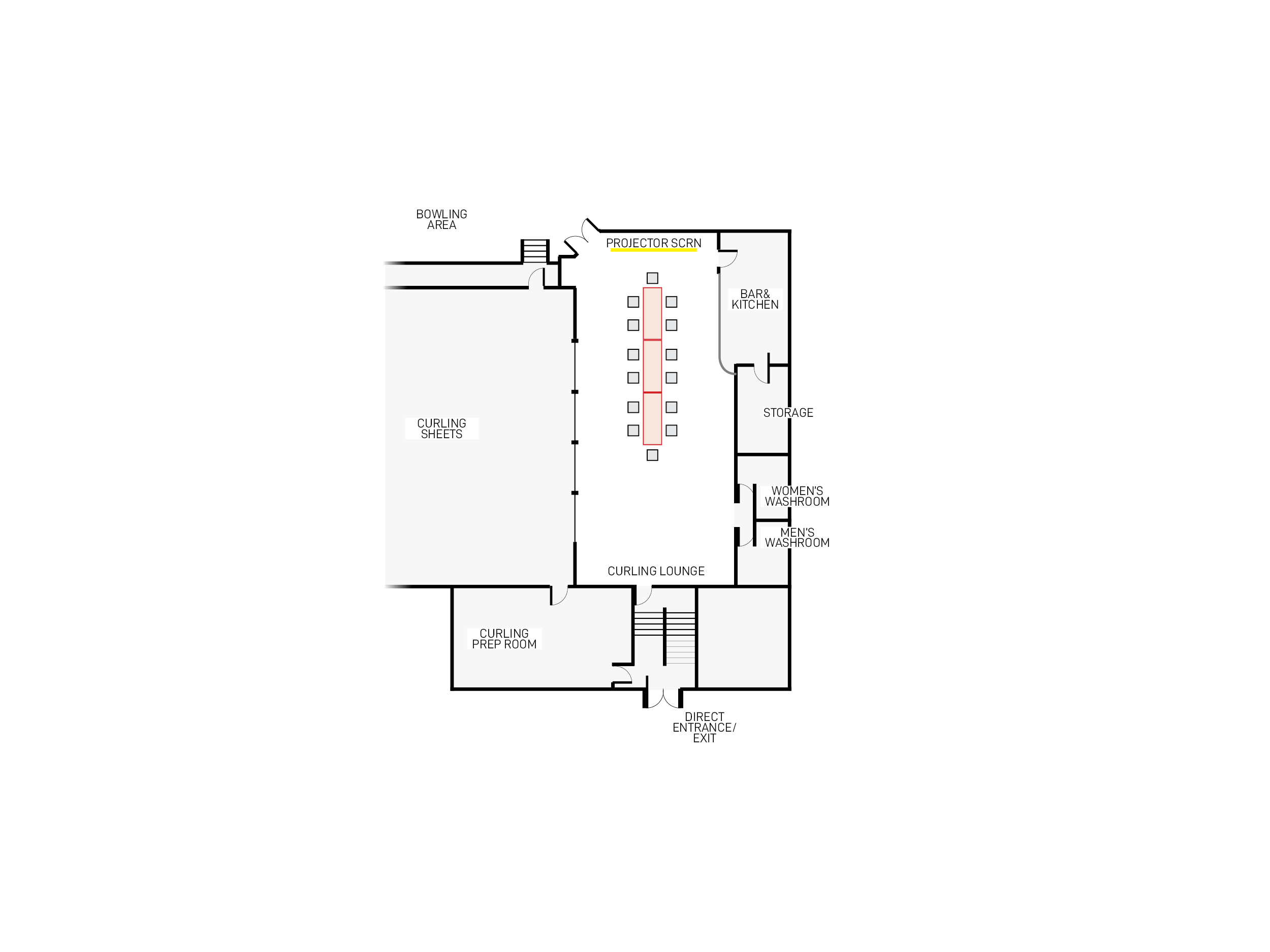 Boardroom layout for the Watson Lake Curling Lounge
