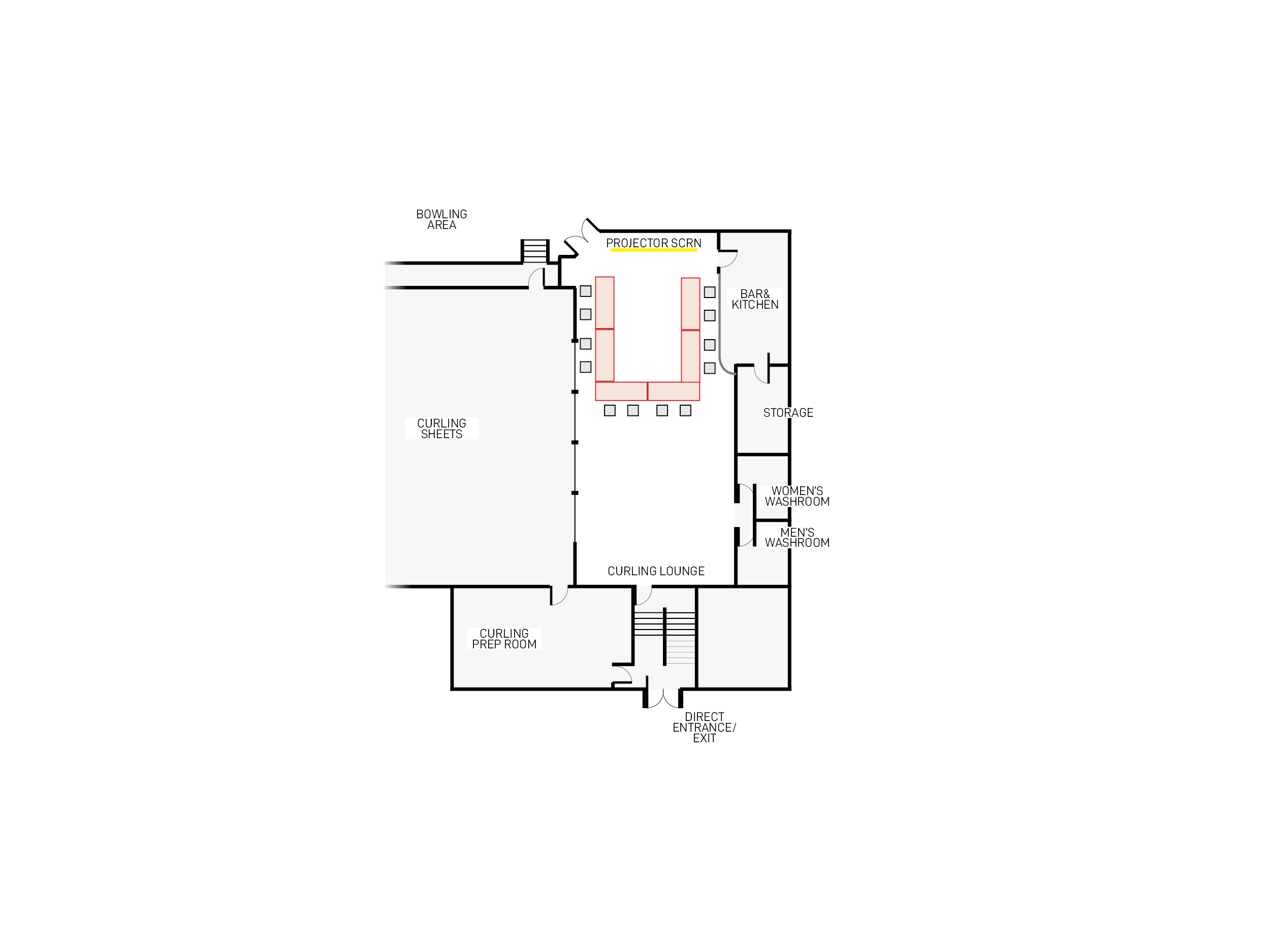 U-shaped boardroom layout for the Watson Lake Curling Lounge