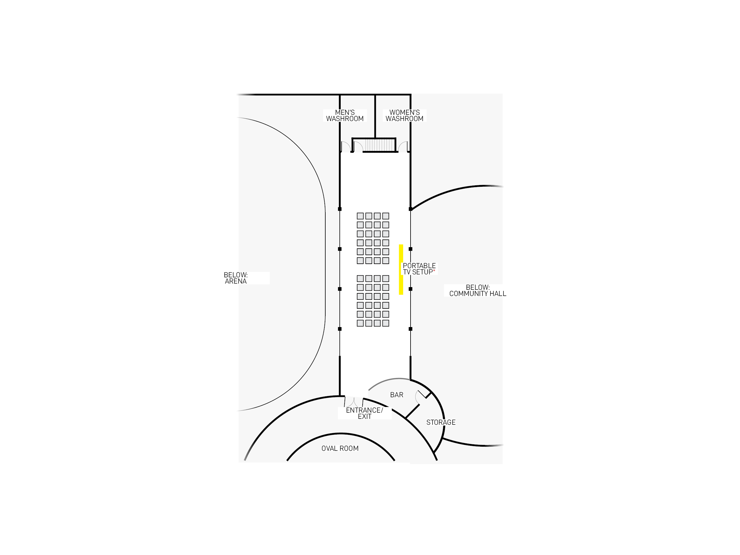 Window-facing speaker layout for the Watson Lake Mezzanine Hall