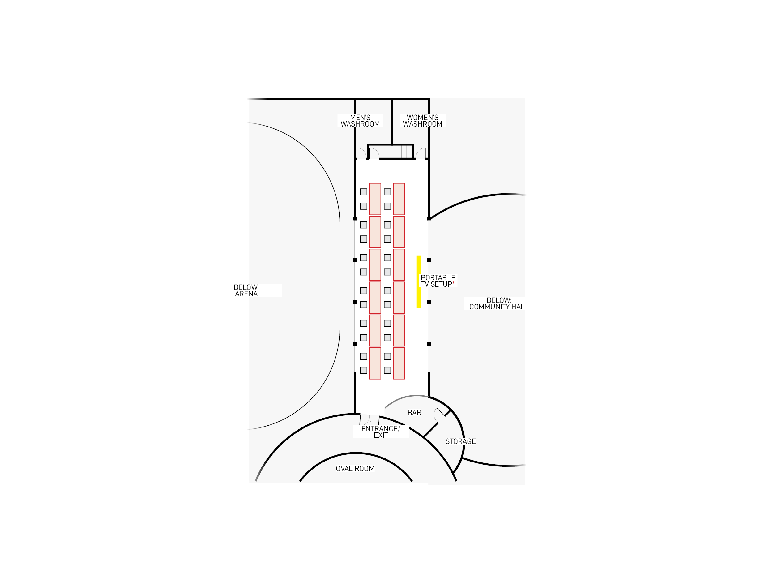 Window-side classroom layout for the Watson Lake Mezzanine Hall