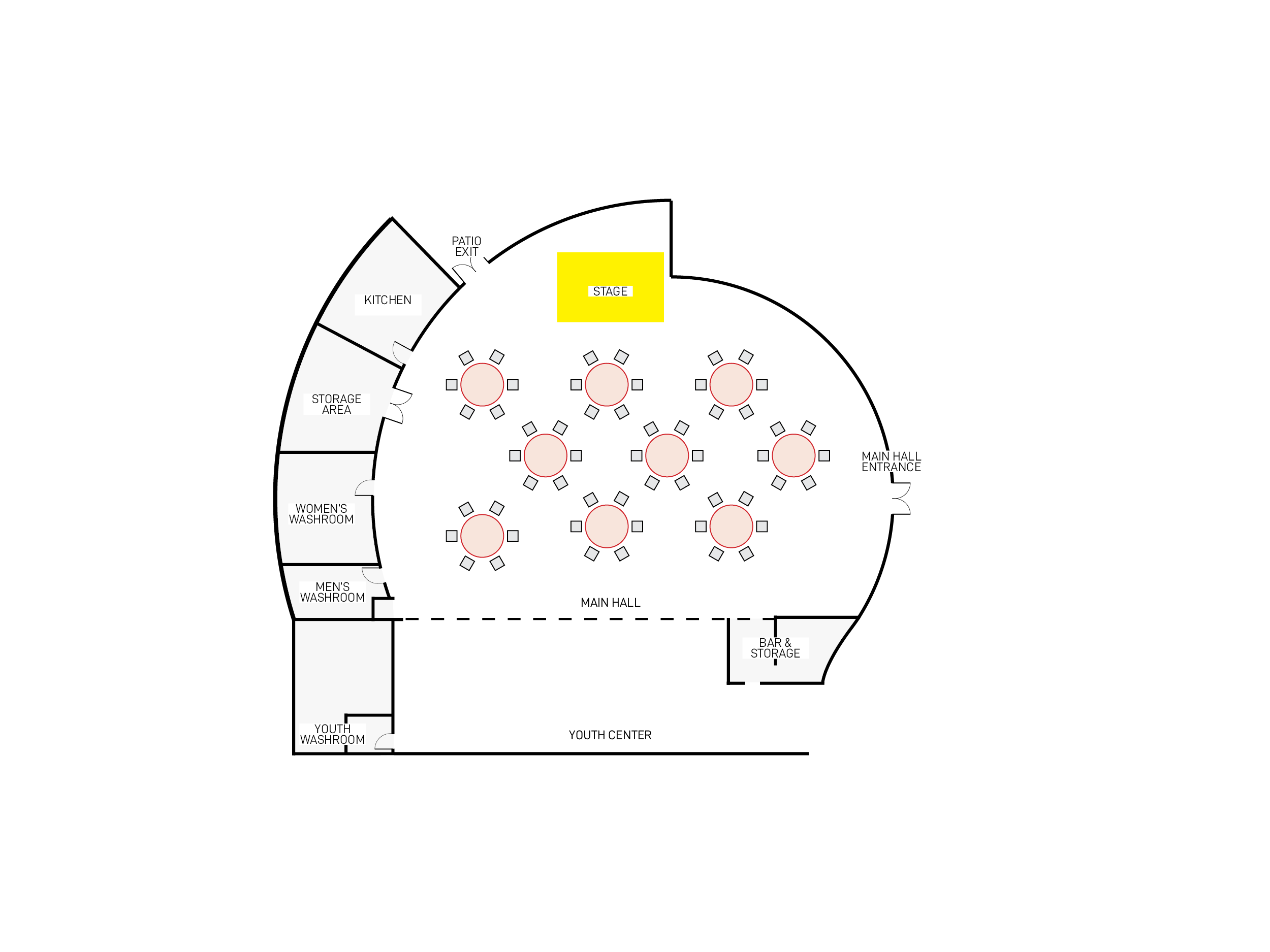 Round table layout for the Watson Lake Community Hall